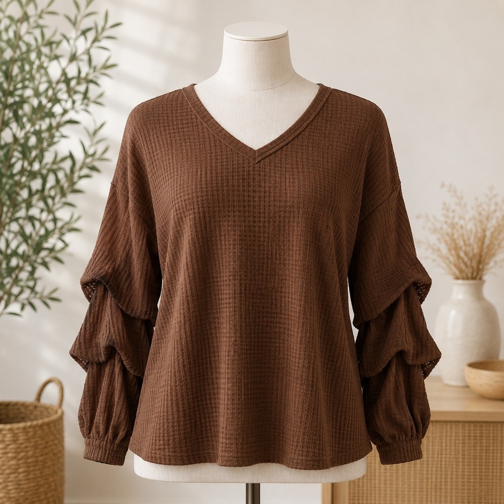 NWT Cupshe Waffle Knit Top Womens Small Brown V-Neck Ruffle Long Sleeve Sweater